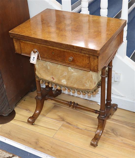 A Victorian burr walnut work table, stamped B. Shepherd W.56cm